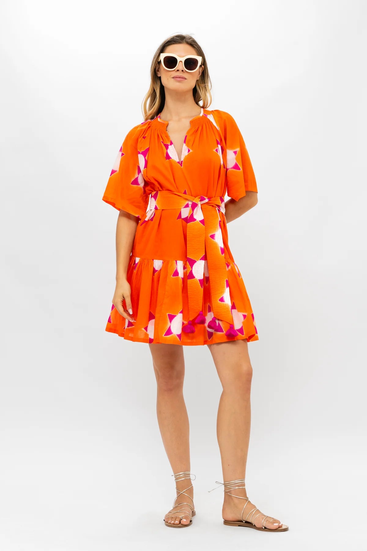 Mela Orange Raglan Belted Mini Dress Comfortable Off-Shoulder Mini Dress