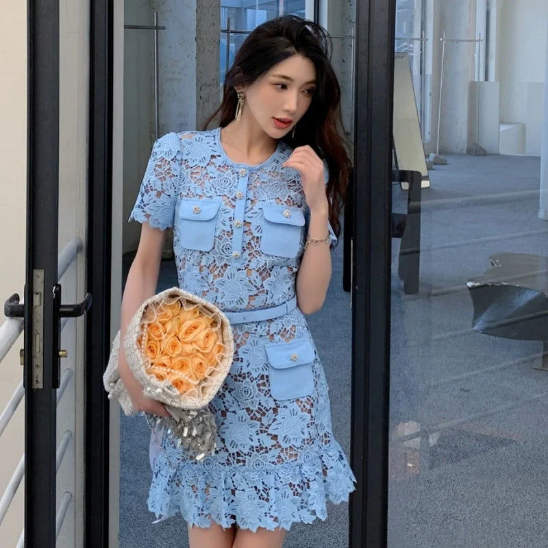 Addison Blue Lace Mini Dress Comfortable Linen Mini Dress