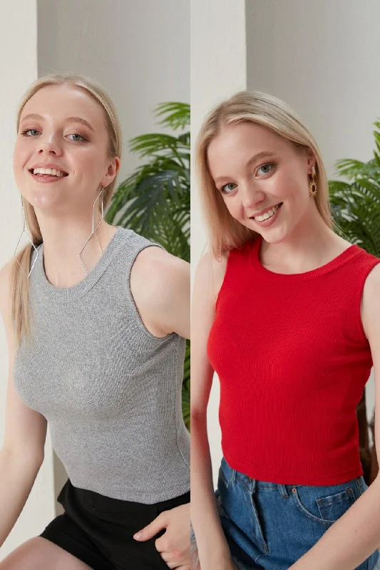 Women's Gray Red Halter Neck Corduroy 2-Pack Crop Blouse Soft Pastel Blouse