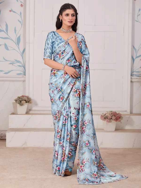 Women's Satin Silk Blue Embellished Designer Saree With Blouse Piece Silky Draped Blouse Women's Satin Silk Blue Embellished Designer Saree With Blouse Piece Silky Draped Blouse