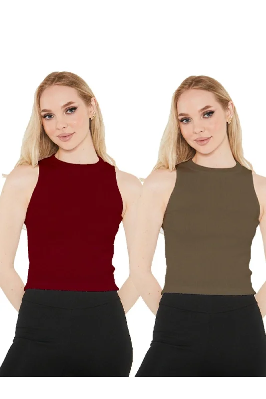 Women's Claret Red Khaki Halter Neck 2 Piece Crop Blouse Sheer Mesh Blouse