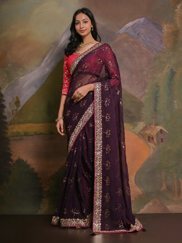 Women's Georgette Burgundy Embellished Designer Saree With Blouse Piece Gathered Detail Blouse Women's Georgette Burgundy Embellished Designer Saree With Blouse Piece Gathered Detail Blouse
