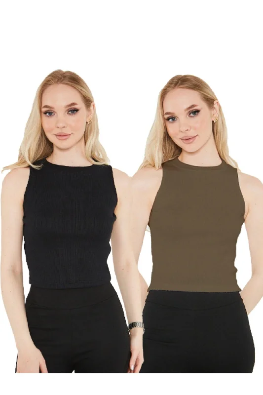 Women's Black Khaki Halter Neck 2 Piece Crop Blouse Everyday Stylish Blouse