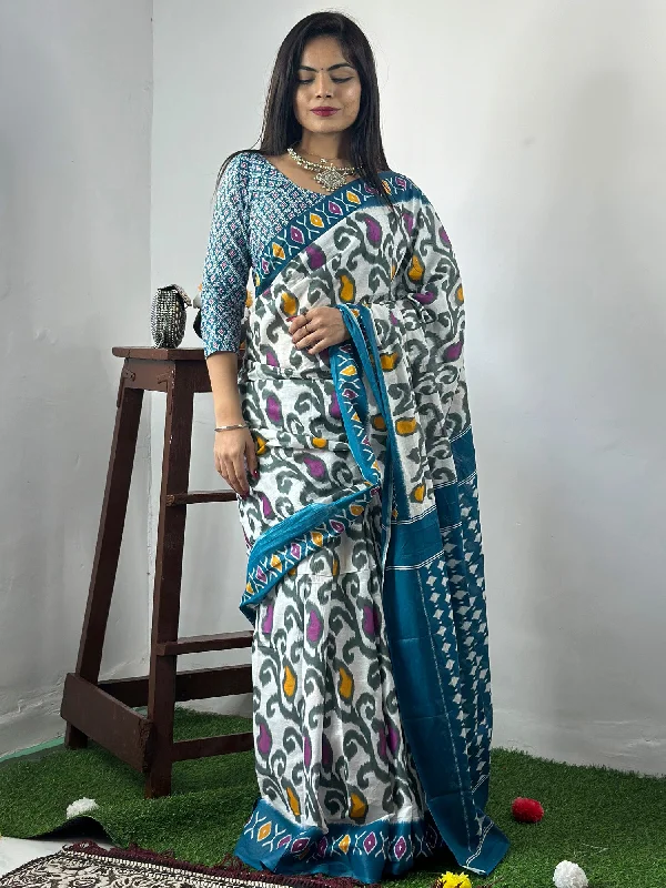 Women's Cotton White Printed Designer Saree With Blouse Piece Casual Relaxed Fit Blouse Women's Cotton White Printed Designer Saree With Blouse Piece Casual Relaxed Fit Blouse