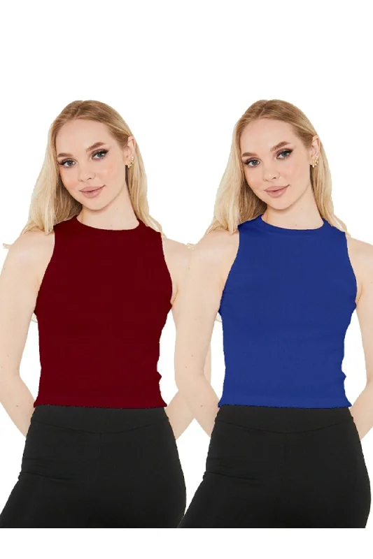 Women's Sax Blue Claret Red Halter Collar 2 Piece Crop Blouse Semi-Sheer Blouse