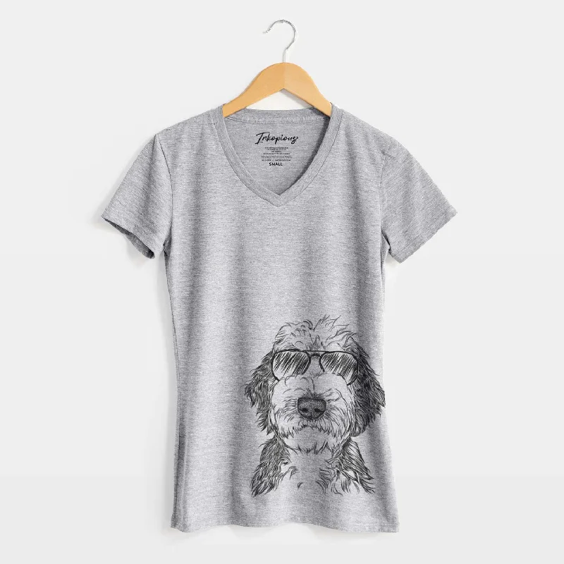 Aviator Milo Fluff the Sheepadoodle - Women's V-neck Shirt-- Spandex Blend Rayon Blend Denim Blend Aviator Milo Fluff the Sheepadoodle - Women's V-neck Shirt-- Spandex Blend Rayon Blend Denim Blend