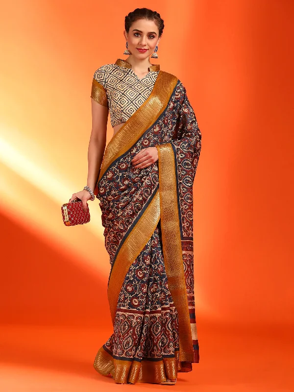 Women's Dola Silk Navy Blue Printed Designer Saree With Blouse Piece Chic Wrap Blouse