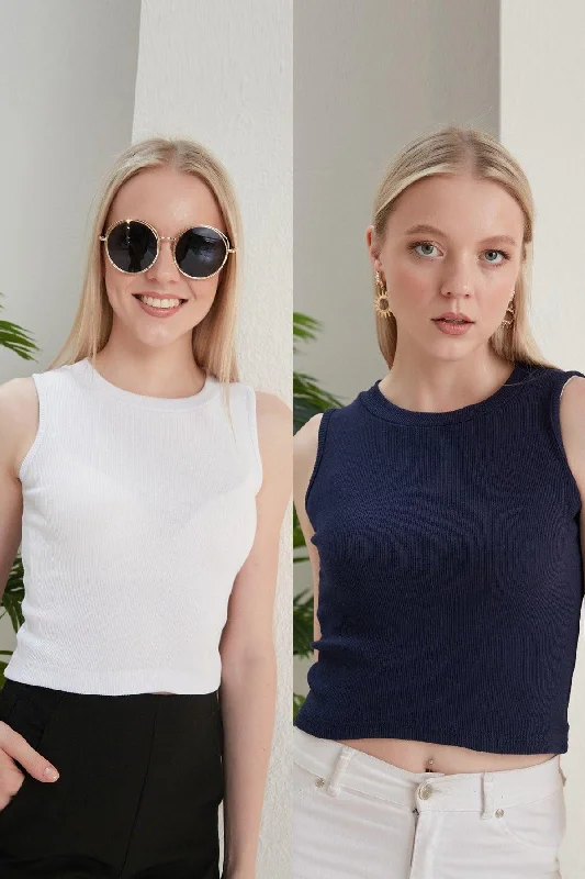 Women's White Navy Blue Halter Neck 2 Piece Crop Blouse Chic Sleeveless Blouse