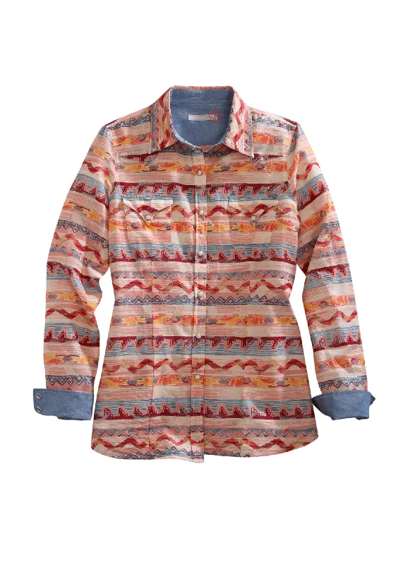 Tin Haul Womens Orange 100% Cotton Printed Aztec L/S Shirt-- Print Jacquard Patchwork Tin Haul Womens Orange 100% Cotton Printed Aztec L/S Shirt-- Print Jacquard Patchwork