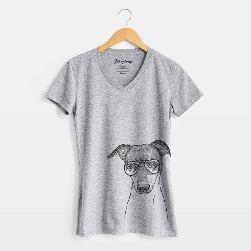 Aviator Momo the Japanese Terrier - Women's V-neck Shirt-- Mesh Blend Leather Blend Suede Blend Aviator Momo the Japanese Terrier - Women's V-neck Shirt-- Mesh Blend Leather Blend Suede Blend