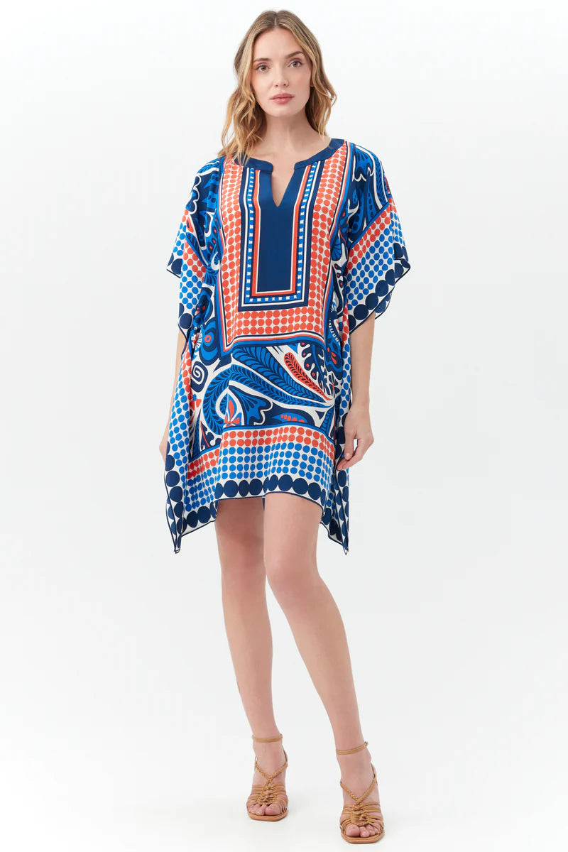 Blue/Red Multi Theodora Caftan Mini Dress Trendy A-Line Mini Dress