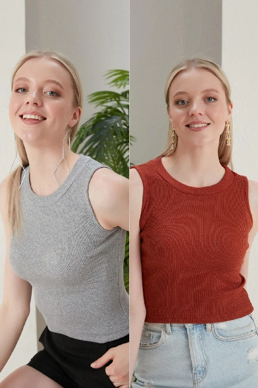 Women's Gray Tile Halter Neck 2 Piece Crop Blouse Embroidered Floral Blouse