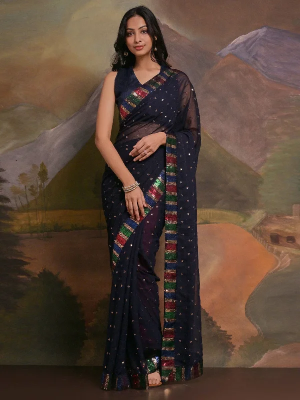 Women's Georgette Navy Blue Embellished Designer Saree With Blouse Piece Subtle Shimmer Blouse Women's Georgette Navy Blue Embellished Designer Saree With Blouse Piece Subtle Shimmer Blouse