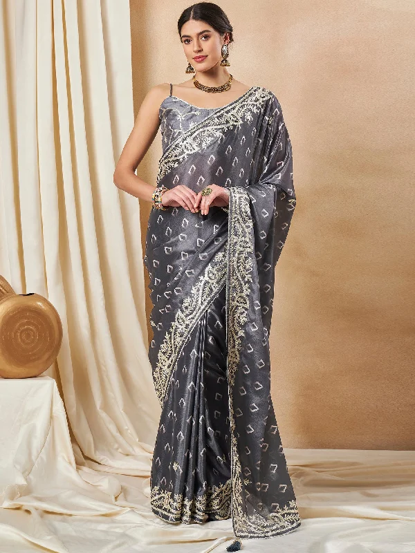 Women's Chiffon Grey Embellished Designer Saree With Blouse Piece Relaxed Fit Blouse Women's Chiffon Grey Embellished Designer Saree With Blouse Piece Relaxed Fit Blouse