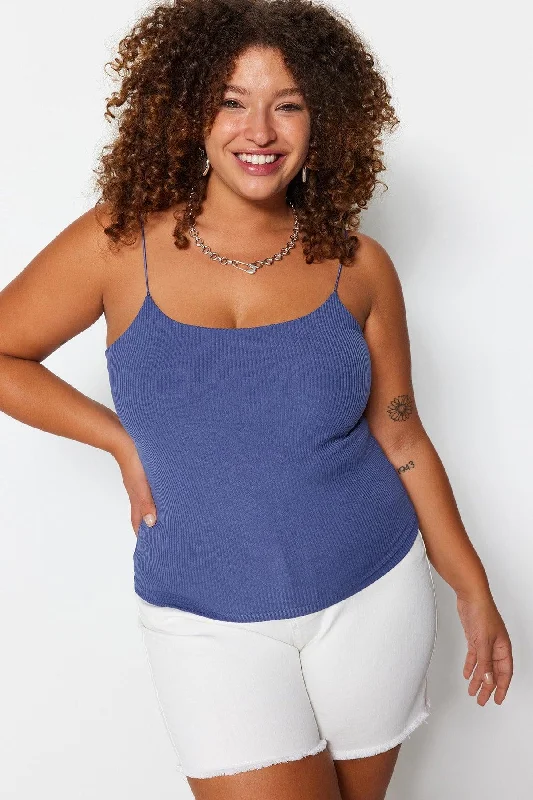 Indigo Crop Knitted Strap Blouse TBBSS23AF00013 Sweetheart Neck Blouse