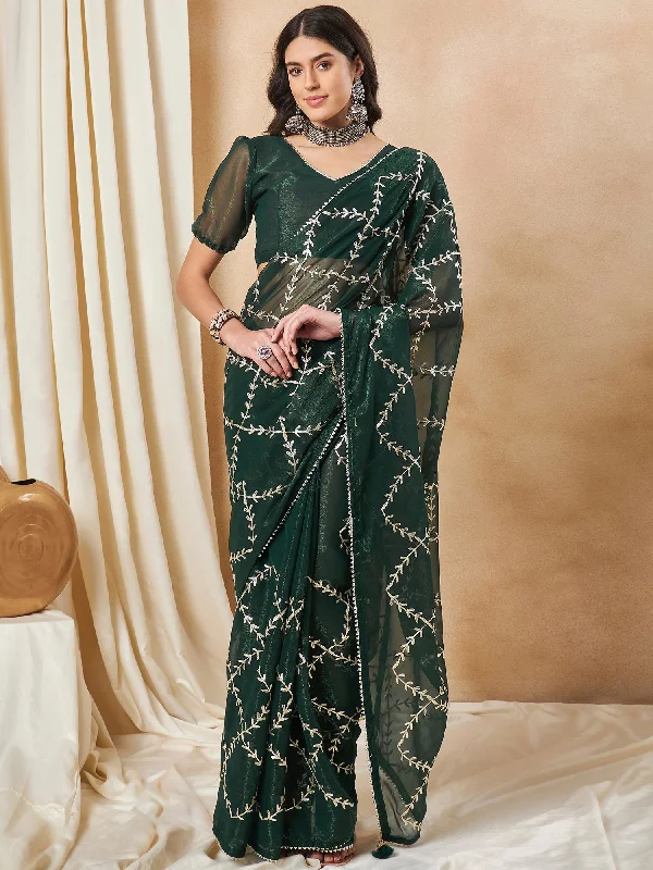 Women's Georgette Dark Green Embroidered Designer Saree With Blouse Piece Semi-Sheer Blouse Women's Georgette Dark Green Embroidered Designer Saree With Blouse Piece Semi-Sheer Blouse