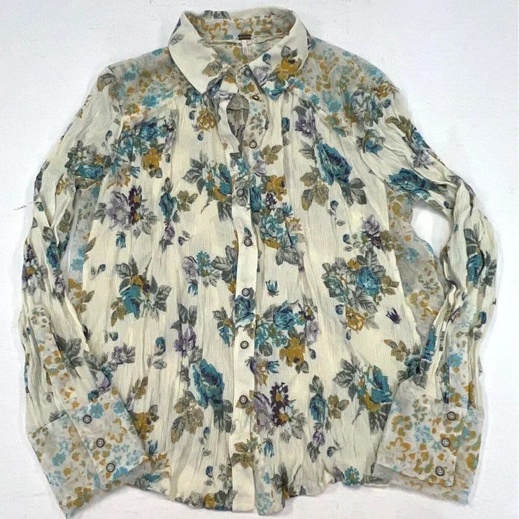 Free People Beige Multicolor Floral Long Sleeve Blouse Size Small Boho Chic Blouse
