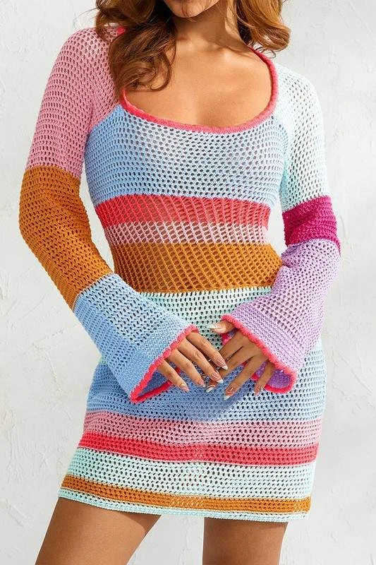 RAINBOW KNIT MINI DRESS Elegant Satin Mini Dress