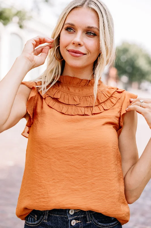 Can't Miss It Rust Orange Ruffled Blouse Classic White Blouse