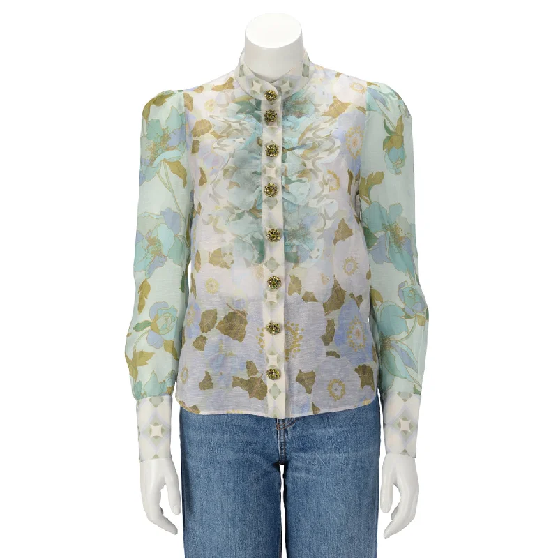 Zimmermann Mint Floral Rhythm Scalloped Blouse 0 Lightweight Floral Blouse