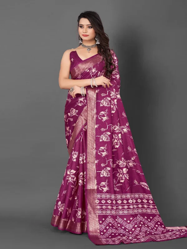 Women's Dola Silk Magenta Printed Designer Saree With Blouse Piece Floral Print Blouse Women's Dola Silk Magenta Printed Designer Saree With Blouse Piece Floral Print Blouse