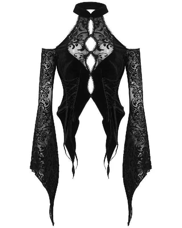Devil Fashion Womens Gothic Pentagram Damask Velvet Blouse Top Side Tie Blouse