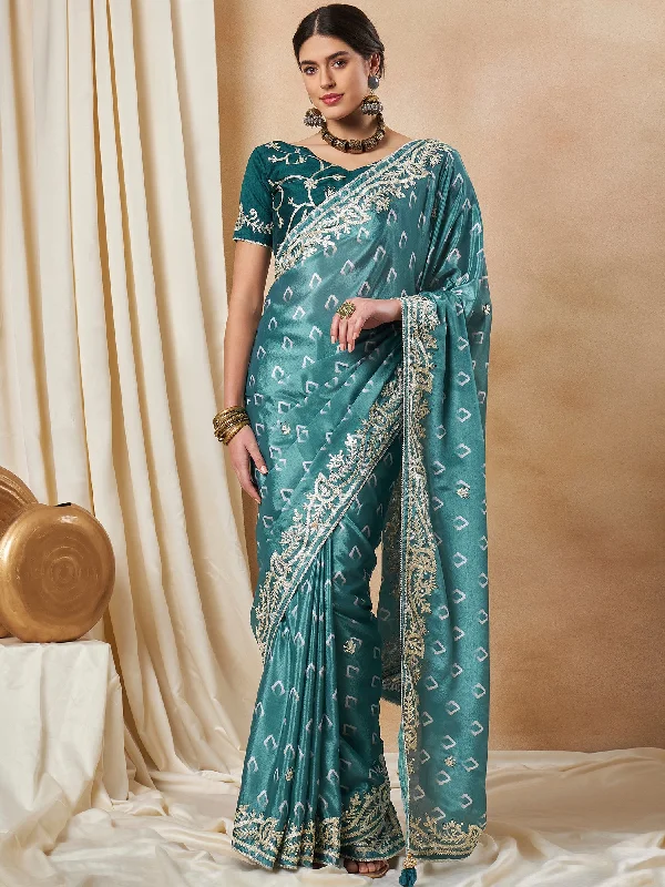 Women's Chiffon Teal blue Embellished Designer Saree With Blouse Piece Wrap Front Blouse Women's Chiffon Teal blue Embellished Designer Saree With Blouse Piece Wrap Front Blouse