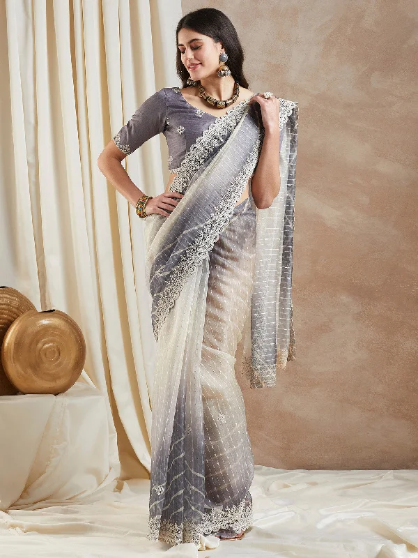Women's Net Grey Embellished Designer Saree With Blouse Piece Ruffled Neck Blouse
