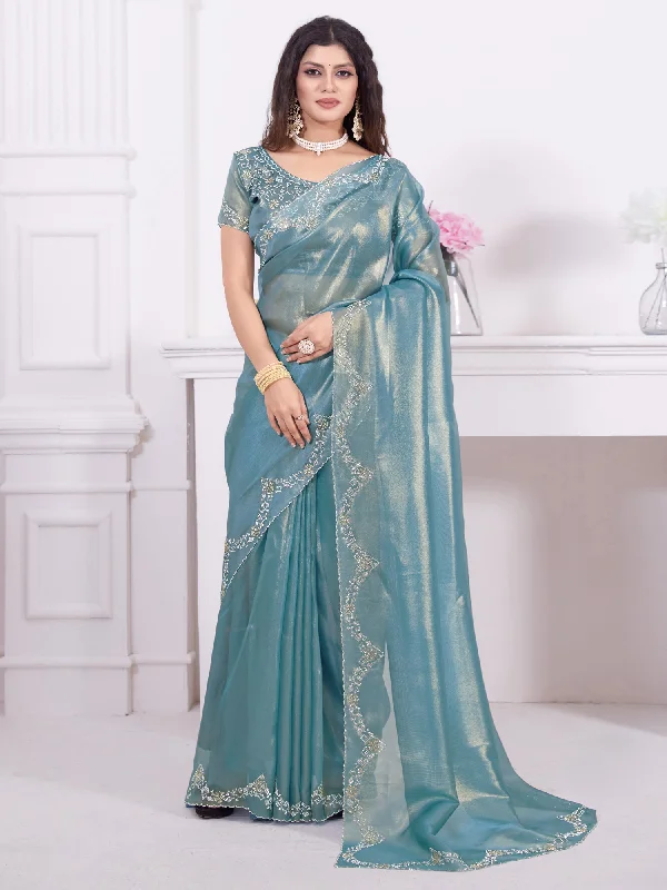 Women's Organza Teal blue Embellished Designer Saree With Blouse Piece Sleeveless Summer Blouse Women's Organza Teal blue Embellished Designer Saree With Blouse Piece Sleeveless Summer Blouse