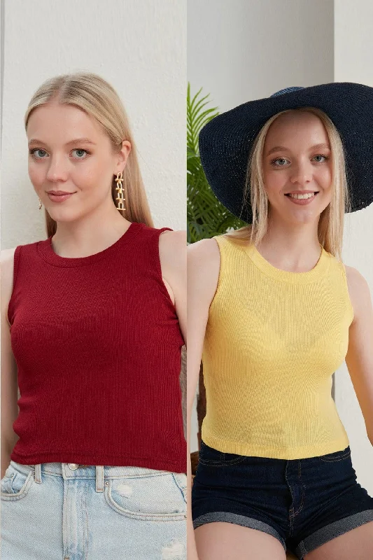 Women's Burgundy Yellow Halter Neck 2 Piece Crop Blouse Elegant Semi-Sheer Blouse