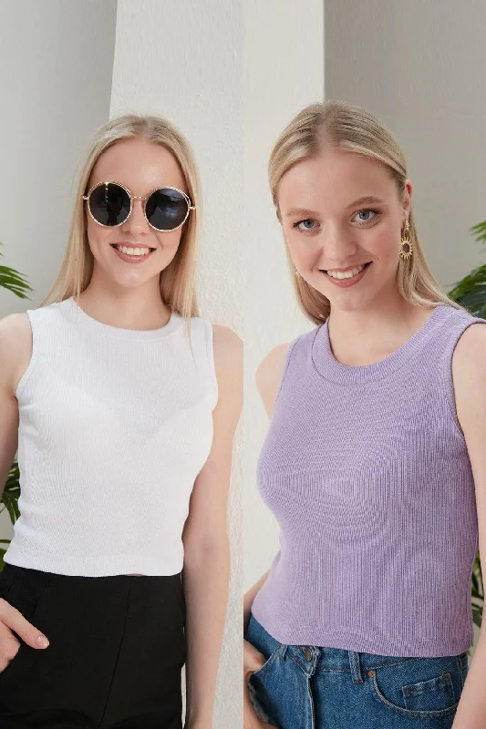 Women's White Lilac Halter Neck 2 Piece Crop Blouse Sheer Sleeve Blouse