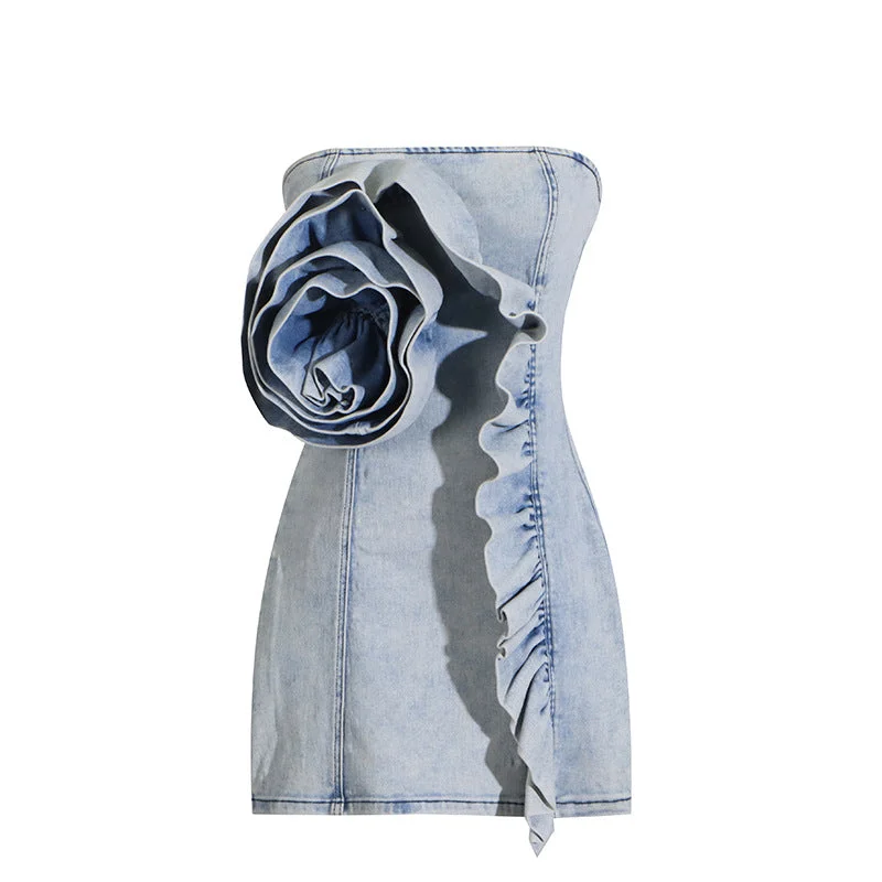 Giant Rosette Accent Denim Strapless Mini Dress Chic Sleeveless Mini Dress