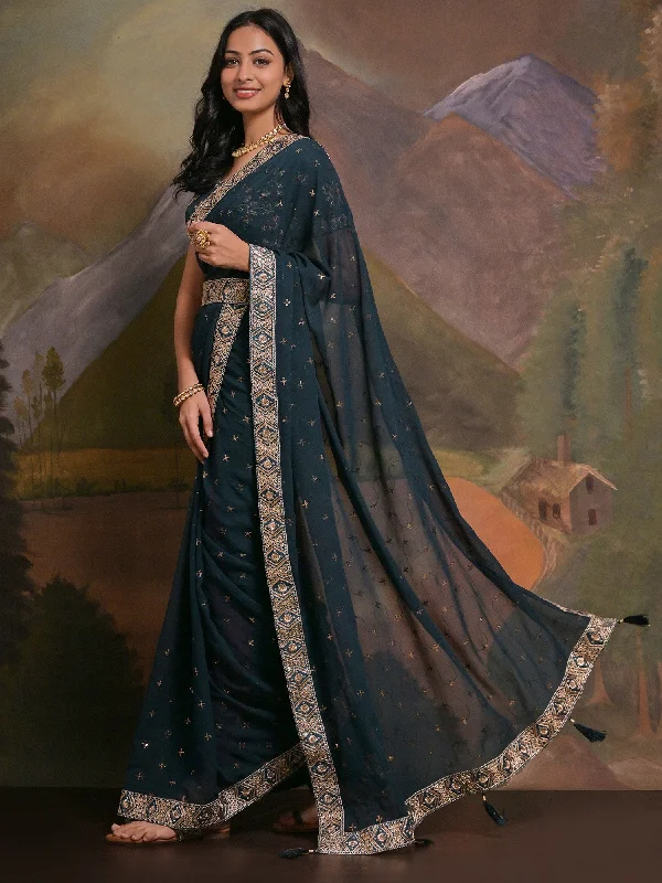 Women's Georgette Teal blue Embellished Designer Saree With Blouse Piece Lightweight Floral Blouse Women's Georgette Teal blue Embellished Designer Saree With Blouse Piece Lightweight Floral Blouse