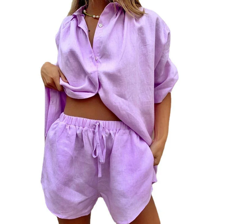 Two Piece Solid Short Sleeve Blouse and Lace Up Shorts (9 colors) Lightweight Linen Blouse
