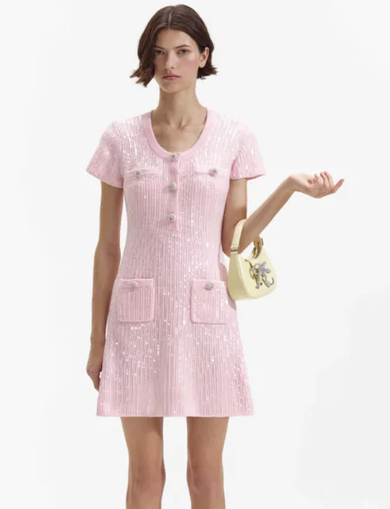Sequin Knit Mini Dress Pink - Self Portrait Chic Pleated Mini Dress