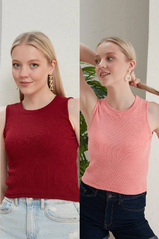 Women's Burgundy Powder Halter Neck 2 Piece Crop Blouse Casual Relaxed Fit Blouse