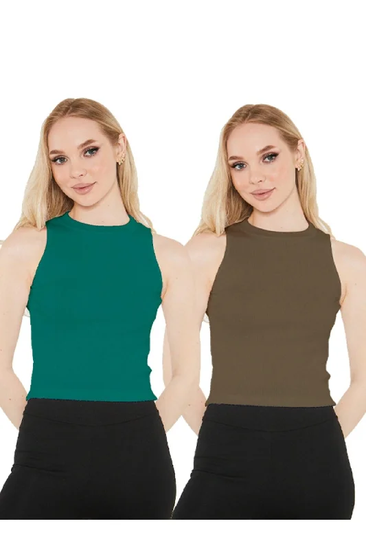 Women's Khaki Green Halter Neck Corduroy 2-Pack Crop Blouse Airy Cotton Blouse