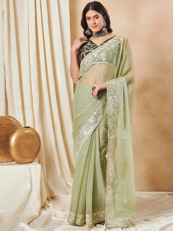 Women's Organza Light Green Embellished Designer Saree With Blouse Piece Office Formal Blouse Women's Organza Light Green Embellished Designer Saree With Blouse Piece Office Formal Blouse