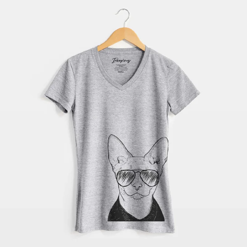 Aviator Oliver Watson the Sphynx Cat - Women's V-neck Shirt-- Knit Fabric Woven Fabric Fleece Fabric Aviator Oliver Watson the Sphynx Cat - Women's V-neck Shirt-- Knit Fabric Woven Fabric Fleece Fabric