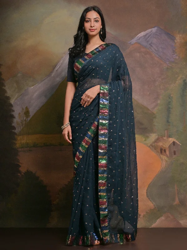 Women's Georgette Teal blue Embellished Designer Saree With Blouse Piece Feminine Ruffle Blouse Women's Georgette Teal blue Embellished Designer Saree With Blouse Piece Feminine Ruffle Blouse
