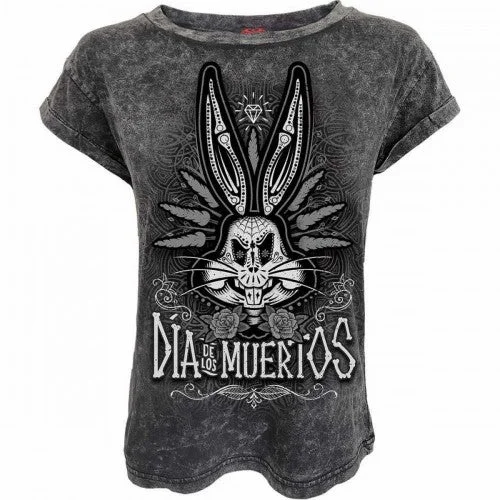 Looney Tunes Womens/Ladies Muertos Bugs Bunny Turn Up T-Shirt-- Asymmetrical Pockets Print Looney Tunes Womens/Ladies Muertos Bugs Bunny Turn Up T-Shirt-- Asymmetrical Pockets Print