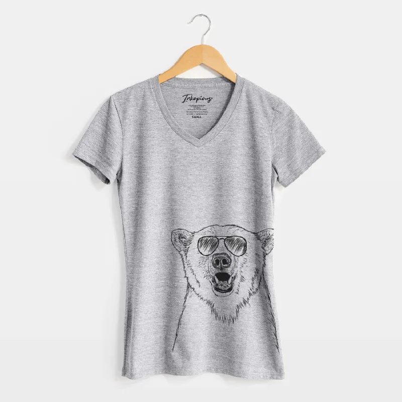 Aviator Oslo the Polar Bear - Women's V-neck Shirt-- Beaded Sequined Faux Fur