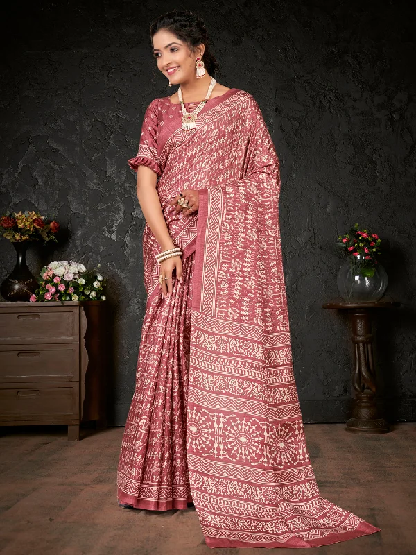 Women's Dola Silk Pink Printed Designer Saree With Blouse Piece Office-Ready Blouse