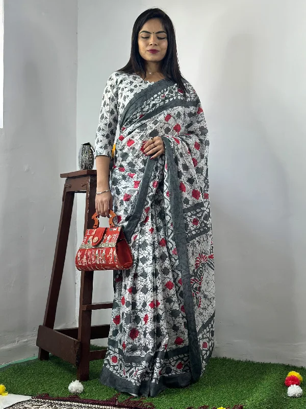Women's Cotton White Printed Designer Saree With Blouse Piece Floral Chiffon Blouse