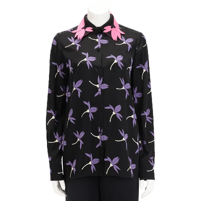 Valentino Black Silk Floral Print Blouse FR 40 Delicate Bow Blouse