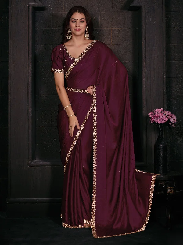 Women's Satin Silk Magenta Embellished Designer Saree With Blouse Piece Embroidered Floral Blouse Women's Satin Silk Magenta Embellished Designer Saree With Blouse Piece Embroidered Floral Blouse