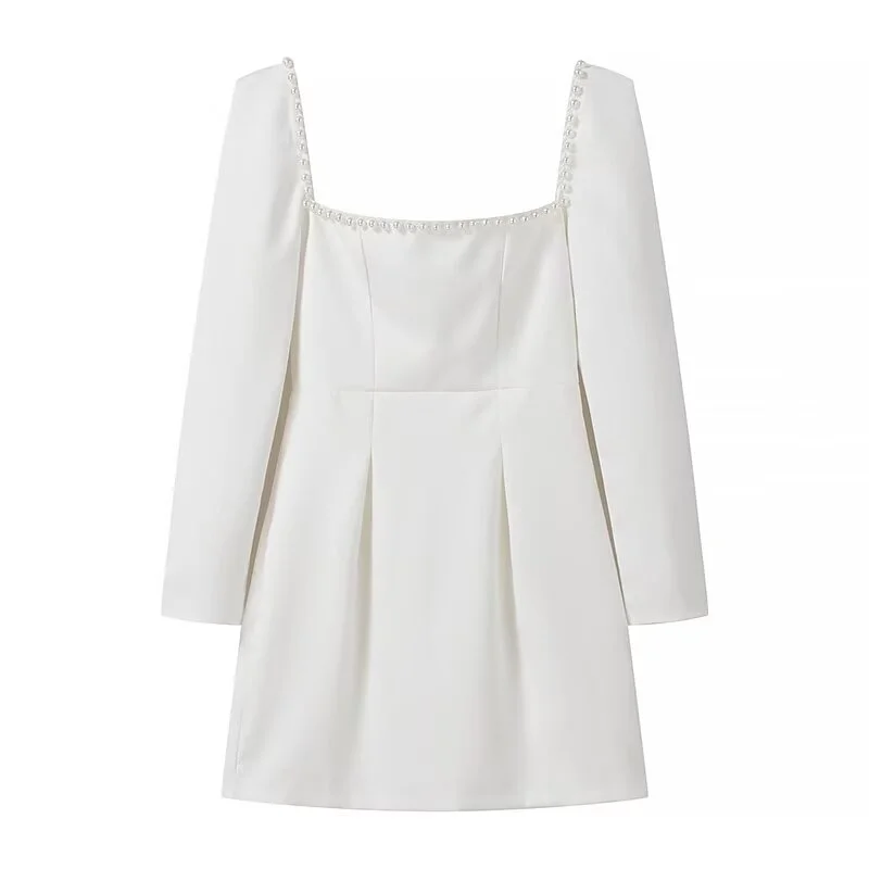 Square Neckline A-Line Long Sleeve Mini Dress Fashionable Lace-Trim Mini Dress
