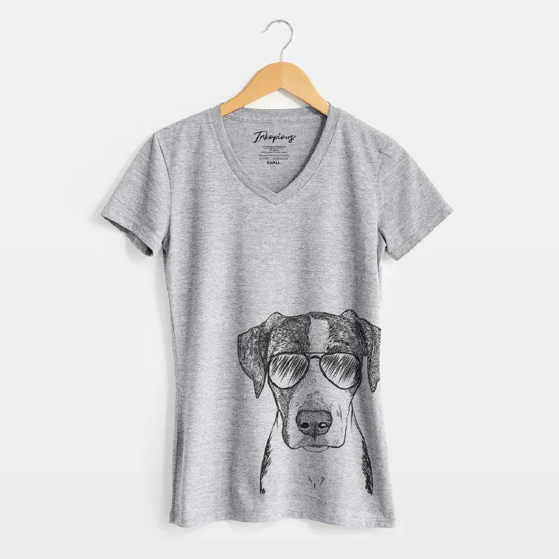 Aviator Milo the Mixed Breed - Women's V-neck Shirt-- Embroidered Appliqued Beaded
