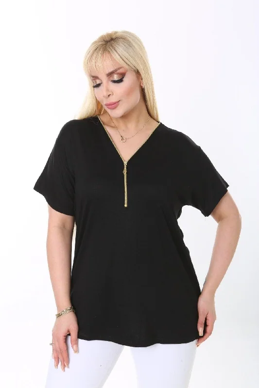 Black Collar Zipper Detailed Plus Size Blouse Flowy Bohemian Blouse