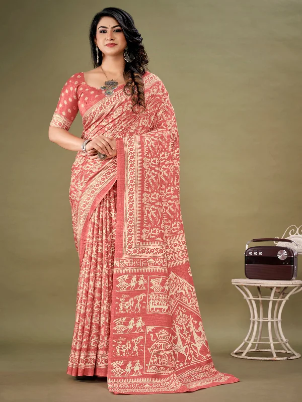 Women's Dola Silk Peach Printed Designer Saree With Blouse Piece Textured Cotton Blouse Women's Dola Silk Peach Printed Designer Saree With Blouse Piece Textured Cotton Blouse